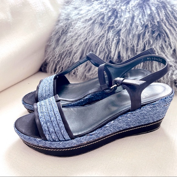 Stuart Weitzman Leather Braided Raffia Platform Wedges Blue Size 10.5 - Picture 8 of 9